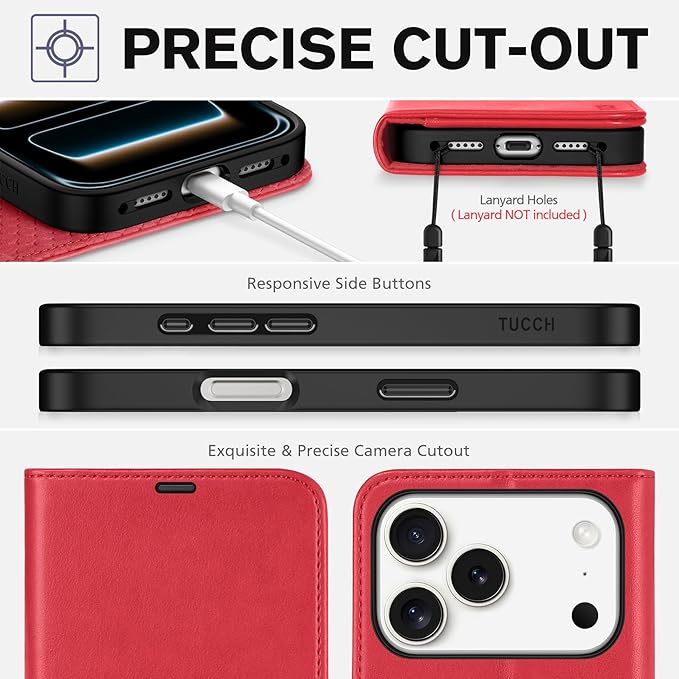 TUCCH Wallet Case for iPhone 17 Pro (6.3-Inch) 2025, RFID Blocking 4 Card Slots | Kickstand | Magnetic Closure | PU Leather | Shockproof TPU Shell | Protective Flip Folio Cover | Red