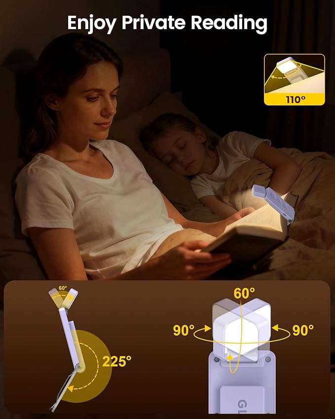 Glocusent 12 LED Rechargeable Book Light, Clip-on Reading Lamp with 5 Colors & 5 Brightness Levels, Up to 100Hrs Runtime, Eye-Caring Reading Lights for Books in Bed, Perfect for Book Lovers, Kids