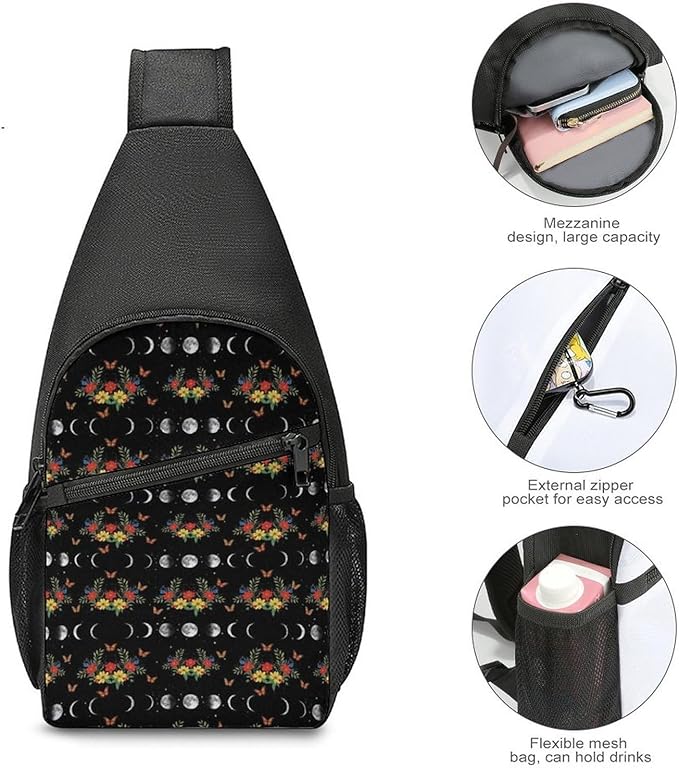 SWEET TANG Polyester Shoulder Sling Bag Multipurpose Casual Sport Daypack Unbalance Backpack with Small Pocket and Smooth Zipper, Moon Phase Floral