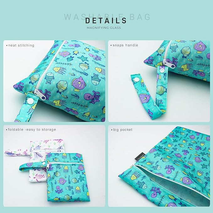 Wet Dry Bag Waterproof Reusable Wet Bag for Swimsuit, Travel, Beach, Pool, Bathing Suit, Diapers, Dirty Yoga Gym Clothes Daycare Organizer One Zippered Pocket (fish turtle)