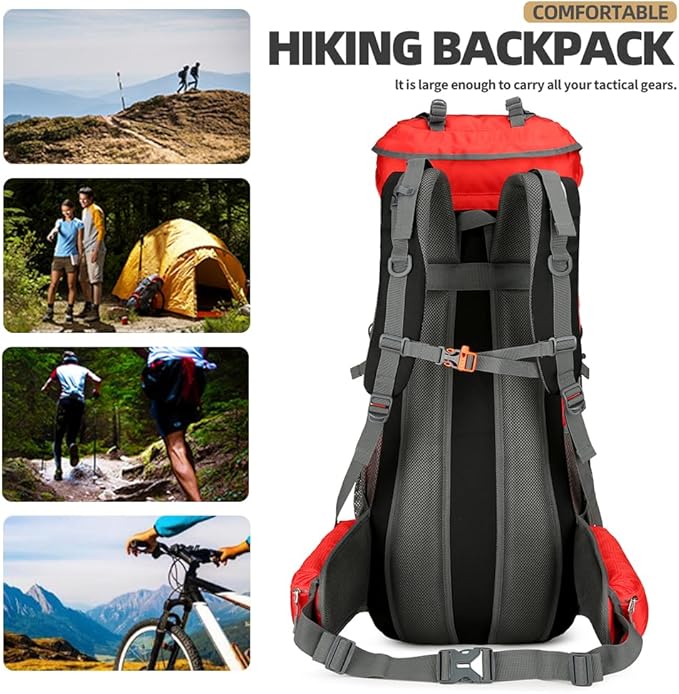 75L Hiking Backpack with Rain Cover Waterproof Camping Backpack Shoes Warehouse for Men Women, Frameless