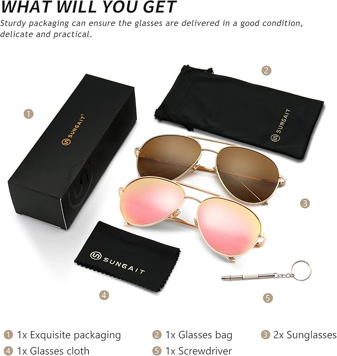 SUNGAIT Women's Lightweight Oversized Aviator Sunglasses - Classic Style Polarized Lens