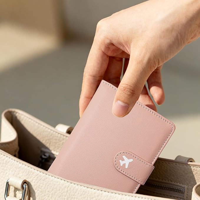 Passport Holder, Travel Wallet Cover with Pen Loop | Cute RFID Blocking Leather Case with Magnetic Closure for Travel Essentials-Pink