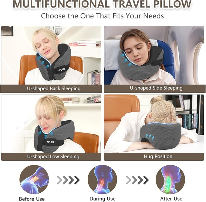 2in1 Ergonomic Memory Foam Travel Neck Pillow – Travel Pillow for All Sleep Positions on Flights, Road Trips, and Long Distance Travel with Drawstring Bag (Adjustable - Dark Gray & Black)