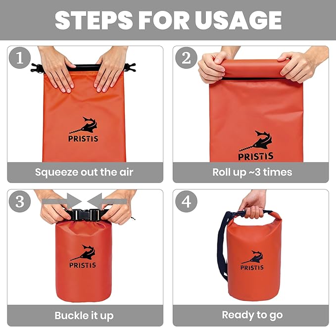 Pristis Waterproof Dry Bag, 10L Lightweight Floating Kayak Storage Backpack for Men Women, Durable Outdoor Roll Top Dry Sack Gear Accessory for Kayaking Fishing Rafting Beach Camping, Orange