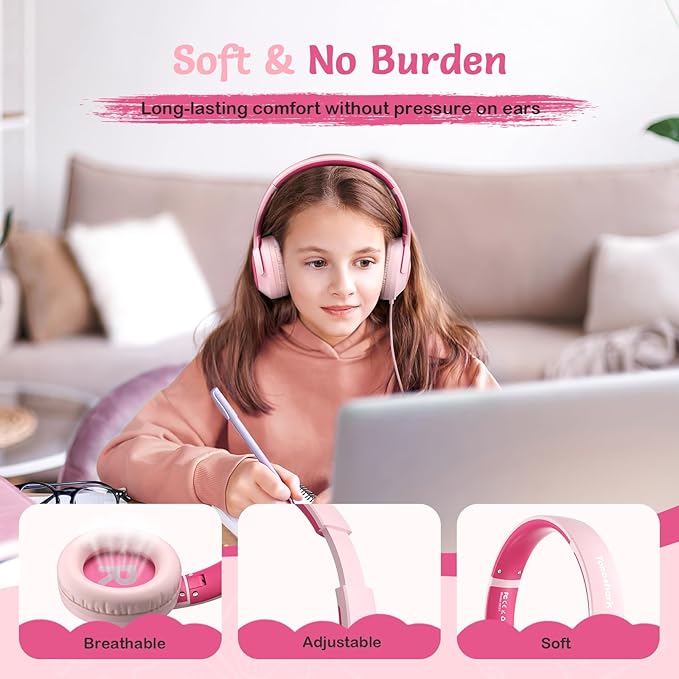 Kids Wired Headphones with Microphone, Volume Limited to 85/94dB, Foldable 3.5mm Jack Headset for Girls, Pink Over-Ear Headphones for School, Study & Travel, Includes Carry Case（Pink）