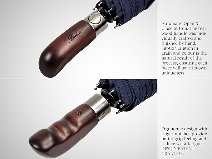 Balios Travel Folding Umbrella with Real Wood Handle Auto Open Close Vented Windproof Canopy - Designed in UK