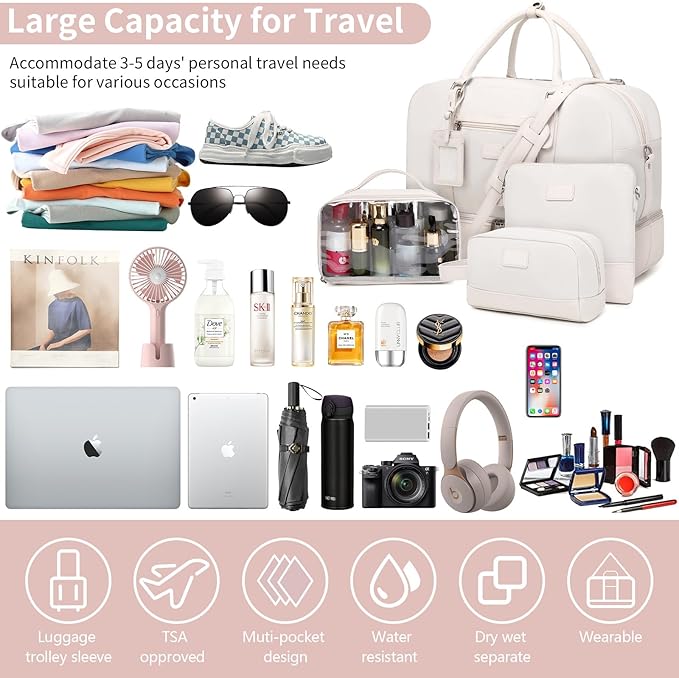Wogarl Weekender Bags for Women Large Canvas Overnight Bag Travel Duffel Bags Carry on Shoulder Weekend Bag with Shoe Compartment for Travel Night Flight Daily Use