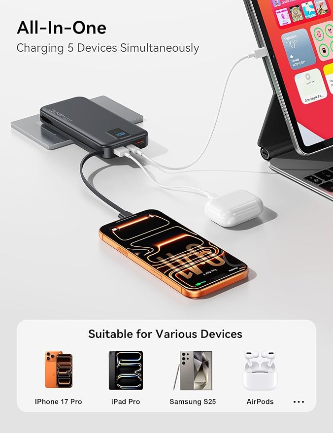 Portable Power Bank, 12000mAh 22.5W Fast Charging Phone Charger with Built-in Cables & Wall Plug, Travel Essential Battery Pack with LED Display, USB C Battery Charging Bank for iPhone, Samsung Black