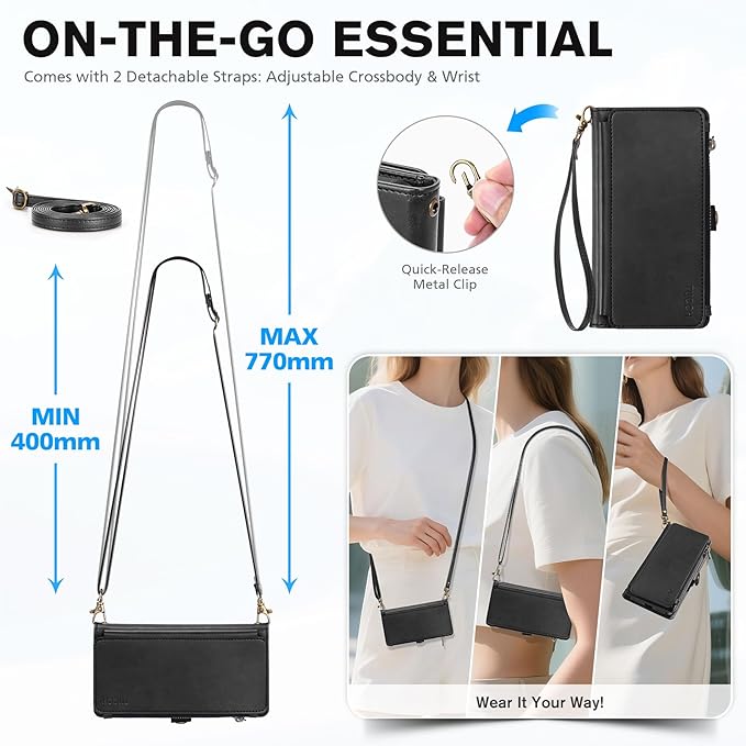 TUCCH Crossbody Detachable Wallet Case for iPhone Air 6.5" 2025, 9 Card Slots RFID Blocking | Wireless Charging | Wrist Strap | Lanyard | Stand | Zipper Pocket | PU Leather Shockproof Cover | Black