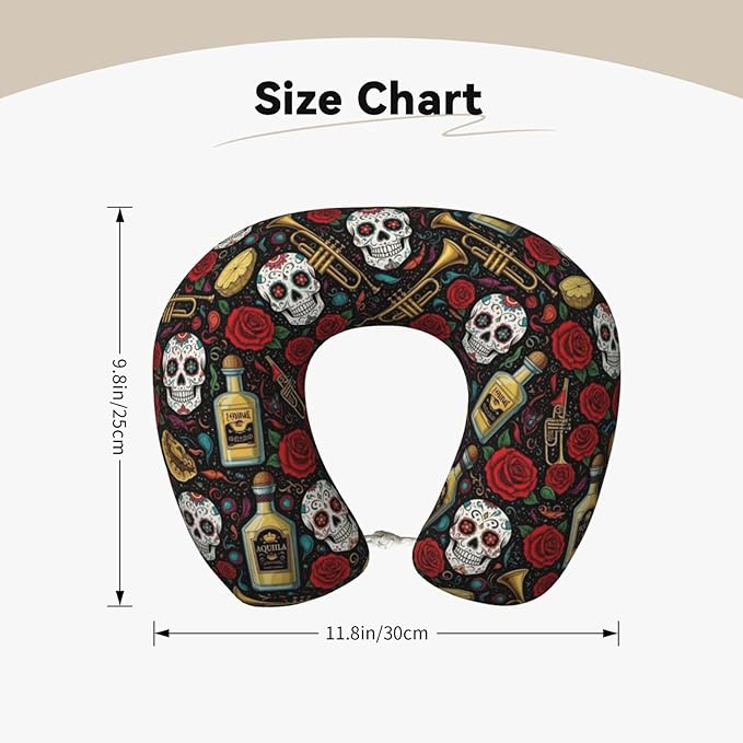Support Neck Pillow for Youth Travel, Washable Airplane Chin Supporting and Relax U Shaped Pillows Vintage Day of Dead Sugar Skulls Rose Flowers Cactus