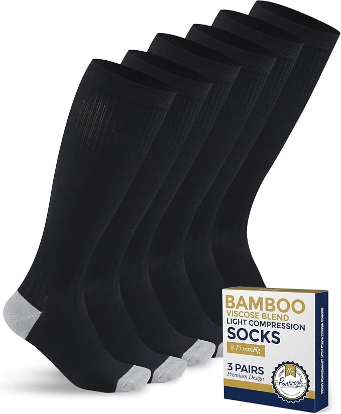 Pembrook Bamboo Viscose Light Compression Socks - 3 Pairs | 8-15 mmhg Compression Socks | Knee High Comfort Support Socks