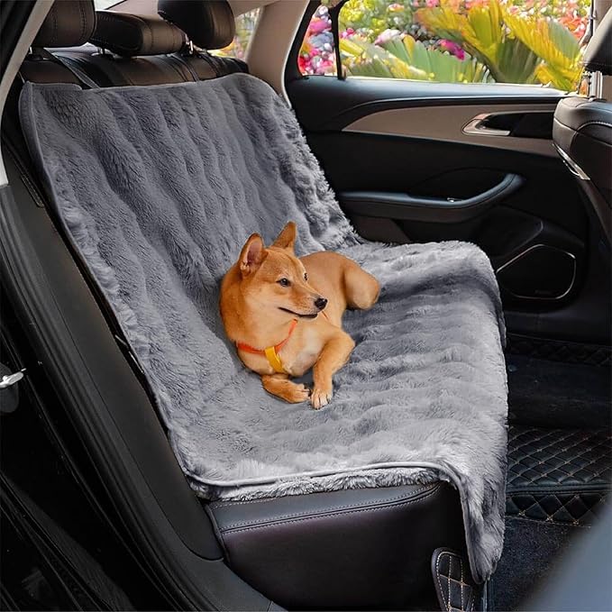 FUNNY FUZZY Fluffy Dog Car Seat Cover for Back Seat (Bench), Water-Resistant with Nonslip Backing,Pet Seat Protector for Cars SUVs Trucks（Gray