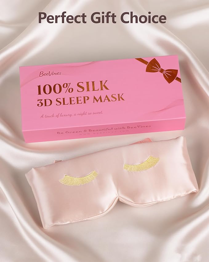 BeeVines Pure Silk 3D Sleep Mask for Women, Luxury 100% 22 Momme Mulberry Silk 3D Contoured Eye Mask for Lash Extensions, Zero Eye Pressure & Blackout Blindfold for Sleeping, with Adjustable Band