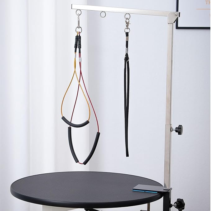Phenfor Dog Grooming Table Arm with Hammock - Adjustable Height, Pet Grooming Hammock, No Sit Haunch Holders, Loop Noose Heavy-Duty Clamp (Stainless Steel)