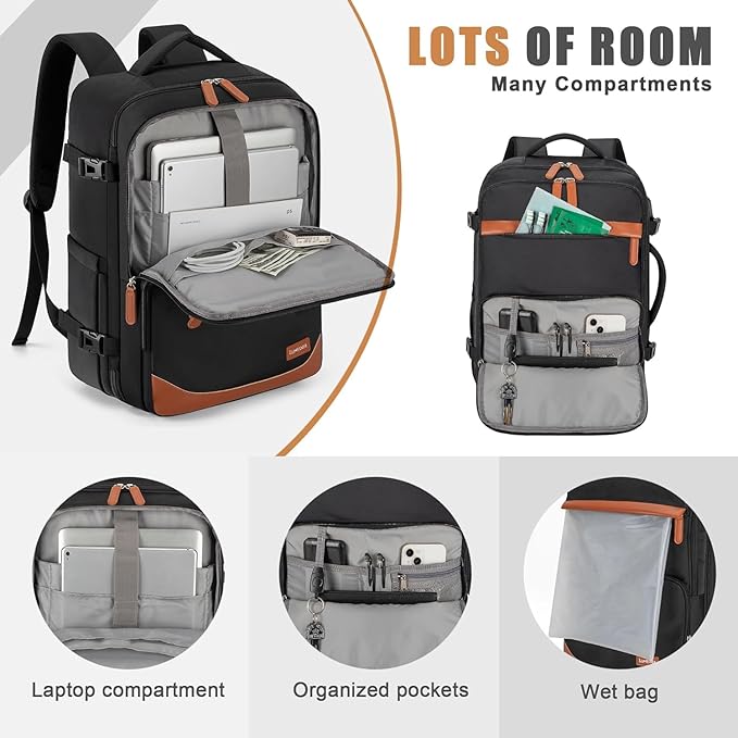 50L Travel Backpack with USB Charging Port, Water-Resistant Carry On Backpack for Men Women, Business Laptop Backpack for Trips & Commutes, Fits 18 Inch Laptop