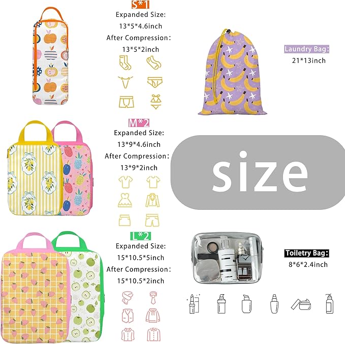 8 Pcs Compression Packing Cubes for Travel, Lightweight Waterproof Luggage Organizer Bags Set, Washable Packaging Cubes for Women Backpack Carry-On Suitcases