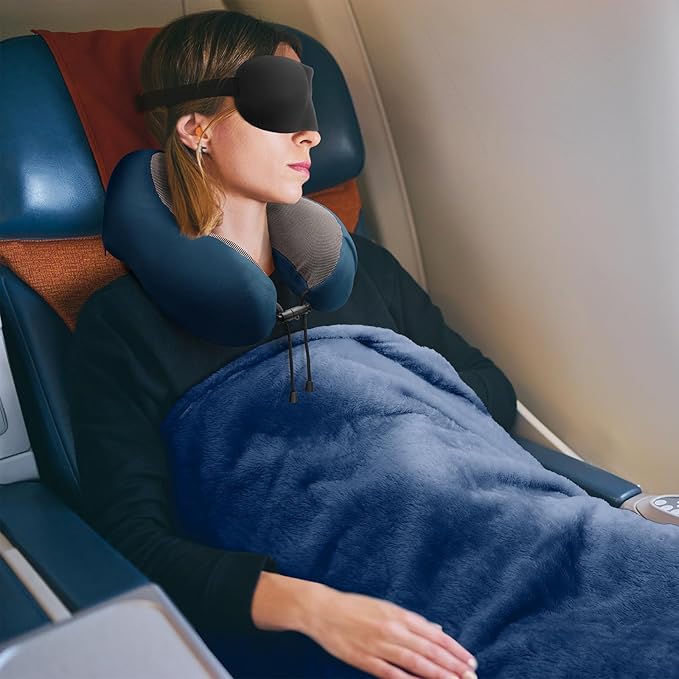 Travel Pillow and Blanket Set Neck Pillows Travel Essentials with Sleep Mask for Airplane Car Memory Foam Blue