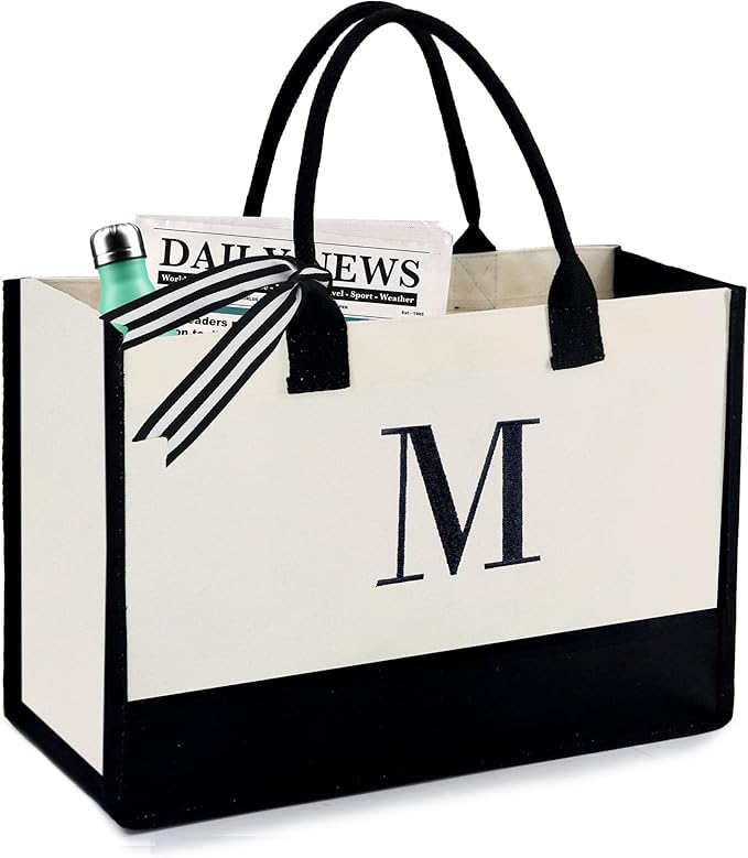 BeeGreen Embroidery Monogram Initial Tote Bag for Women Teacher Mom Friend Personalized Gift for Birthday Beach Work Wedding
