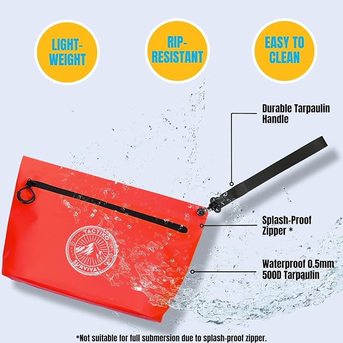 Tactiko 3L Water Resistant Pouch - Waterproof Material w/Splashproof Zipper - Hold All Zipper Bag for Storage, Toiletries, Travel, Beach, Cruise, Home (Red)