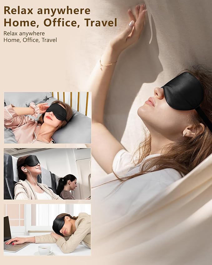 Silk Sleep Mask for Women and Men - Soft Breathable Organic Natural Mulberry Silk Fabric Blackout Eye Mask with Adjustable Straps No Pressure Eye Mask for Travel Essentials Gifts (Black)