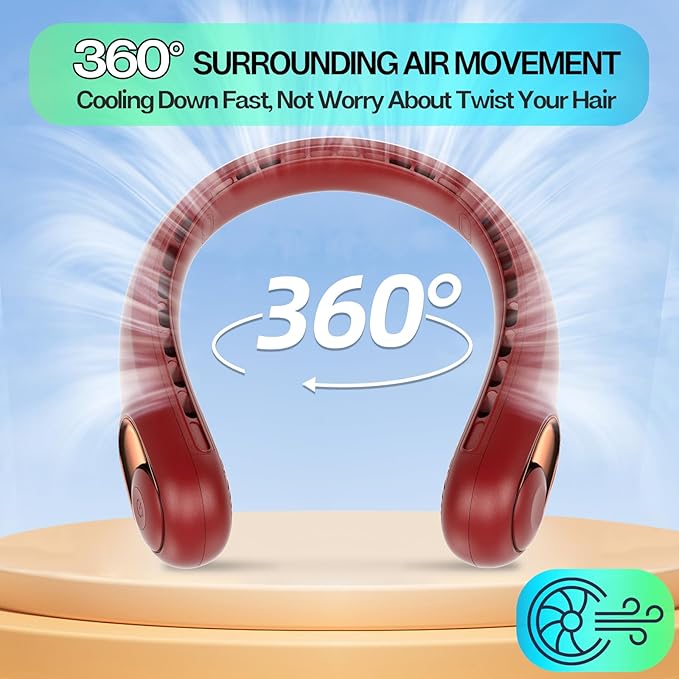 KIDEE Portable Neck Fan, Personal Bladeless Neck Fans 4000mAh, Upgrade 360° Airflow, 3 Speeds, USB Wearable Hands Free Fan Rechargeable, Battery Operated Cooling Fan for Indoor Outdoor Travel