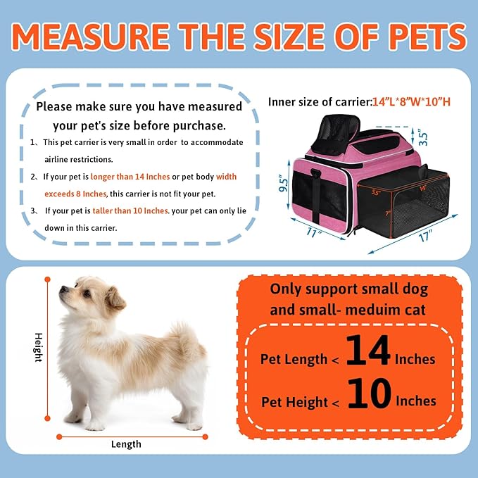 Petskd Top and Side Expandable Pet Carrier 17x11x9.5 Inches Alaska Airline Approved, Soft-Sided Carrier for Small Cats and Dogs with Locking Safety Zippers and Anti-Scratch Mesh(Pink)