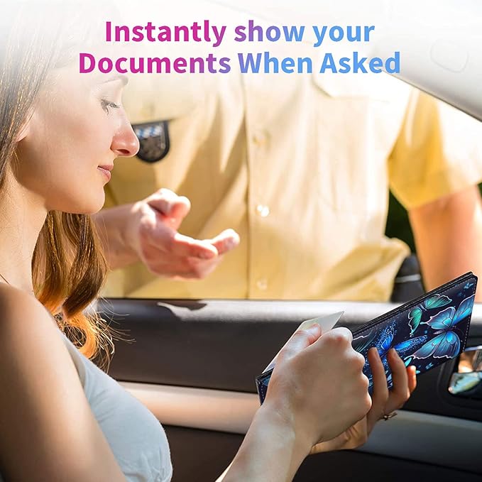 Car Registration and Insurance Holder,Leather Insurance License and Registration Card Holder for Car Glove Box, Auto Truck Document Holder Organizer for Men Women-Blue Butterflies in Night Sky