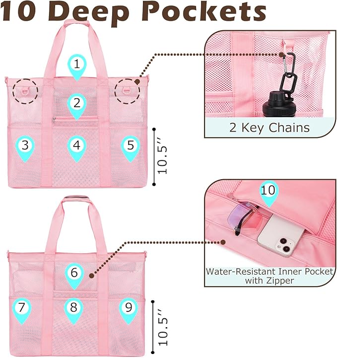 Mesh Beach Bag, Large Beach Tote with Zipper Pocket for Family Pool Bag for Toys & Vacation Essentials