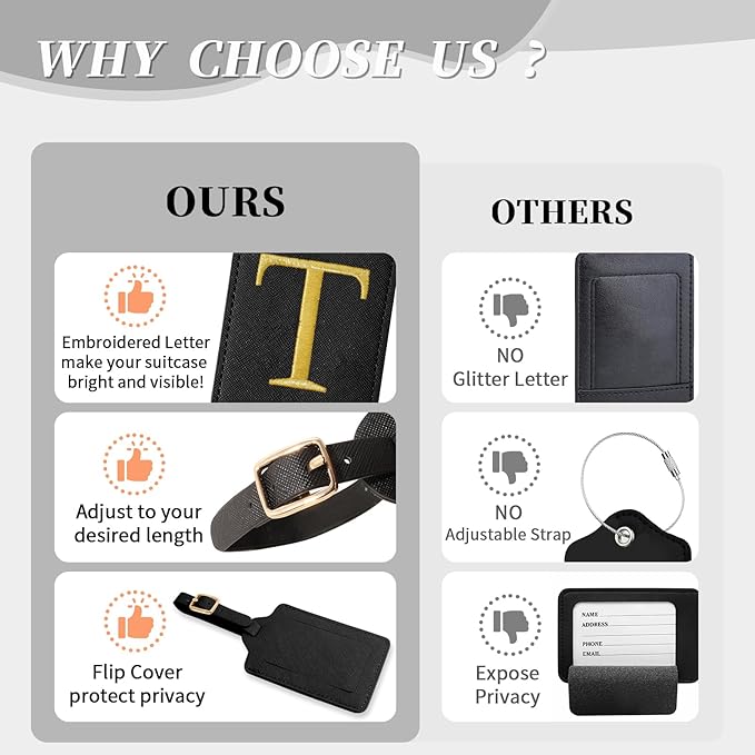 Personalized Initial Luggage Tags for Suitcase TSA Approved, Black Leather Cute Luggage Tag with Privacy Cover Name Card, Embroidered Custom Luggage Tags Travel Backpack Tags Gifts for Women Kids(T)