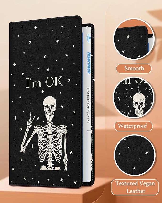 Slohif Car Registration and Insurance Holder - Skeleton Vehicle Glove Box Organizer Women with Magnetic Shut Leather Automobile License Holders Coasters Auto Accessories Case for Document