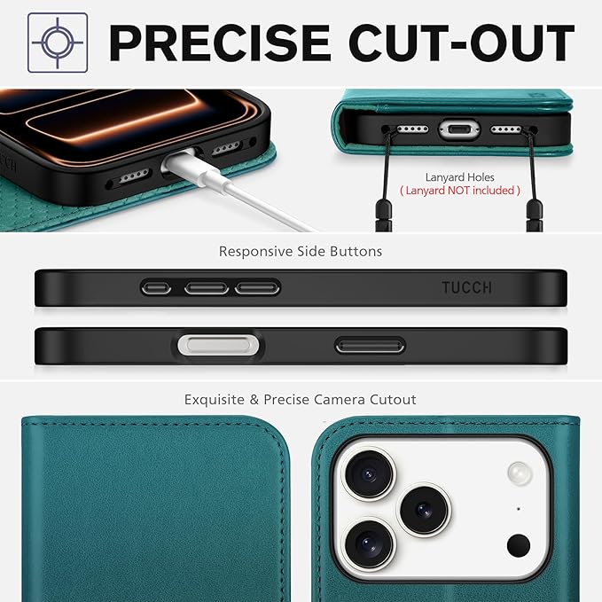 TUCCH Case Wallet for iPhone 17 Pro (6.3-Inch) 2025, [3 Card Slots] Kickstand [RFID Blocking] PU Leather Case, Flip Folio Cover with [TPU Shockproof Interior Shell], Teal Green