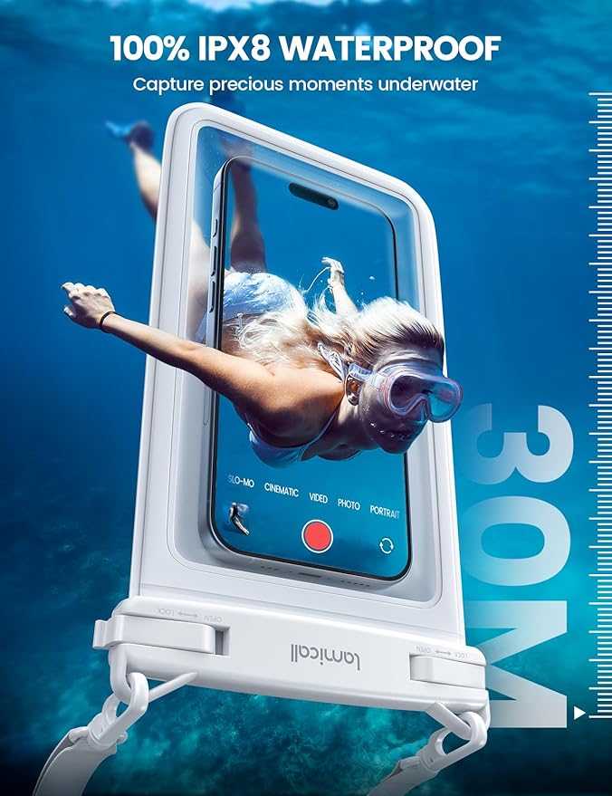 Lamicall Double Bag Waterproof Phone Pouch - IPX8 Waterproof Phone Case with Lanyard, Beach Vacation Cruise Ship Essentials for iPhone 16/14/13 Pro Max, Galaxy 25/24/23, 4-7.5" White