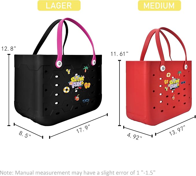 2-Piece Tote Bag Set, Waterproof Rubber Beach Bag with Summer Pattern, Medium & Large Handbag for Pool, Beach, Boat