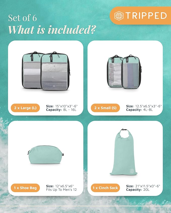 Compression Packing Cubes for Travel by TRIPPED – 6-Piece Premium Set with Laundry & Shoe Bag, Space Saving Travel Organizer Bags for Suitcase & Carry-On Luggage (Dusty Teal Mesh)