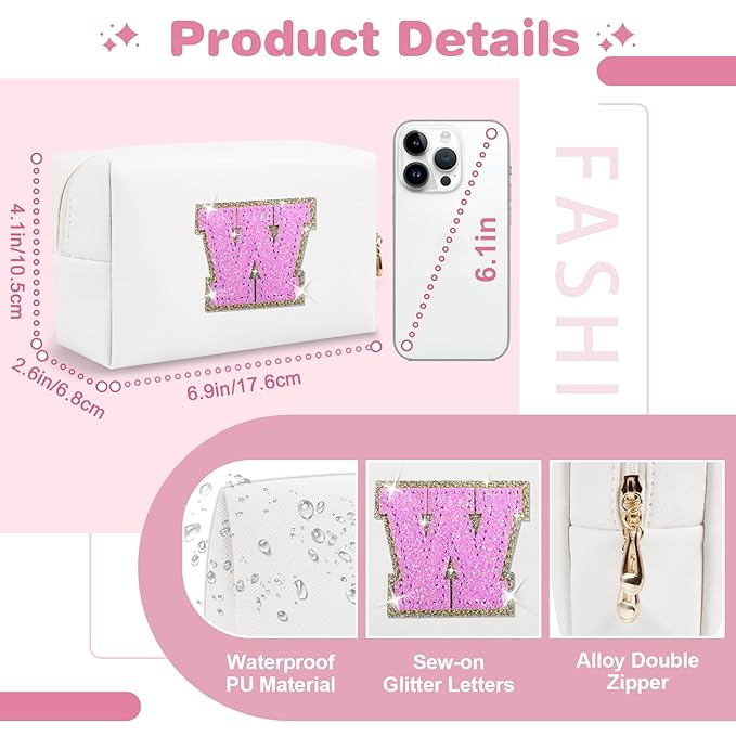 Small Initial Patch Makeup Bag Personalized Gifts Make Up Bag,White Cute PU Leather Glitter Letter Cosmetic Bag with Zipper,Trendy Portable Travel Toiletry Pouch,Preppy Stuff for Teen Girls Women W