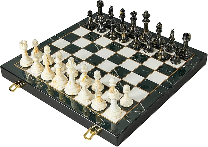 15" Large Chess Set for Adults with Extra 2 Queens, Weighted Acrylic Pieces-3.5" King w/Leather Base, Portable Folding Marbling Wooden Chess Board - Travel/Family Game & Elegant Gift