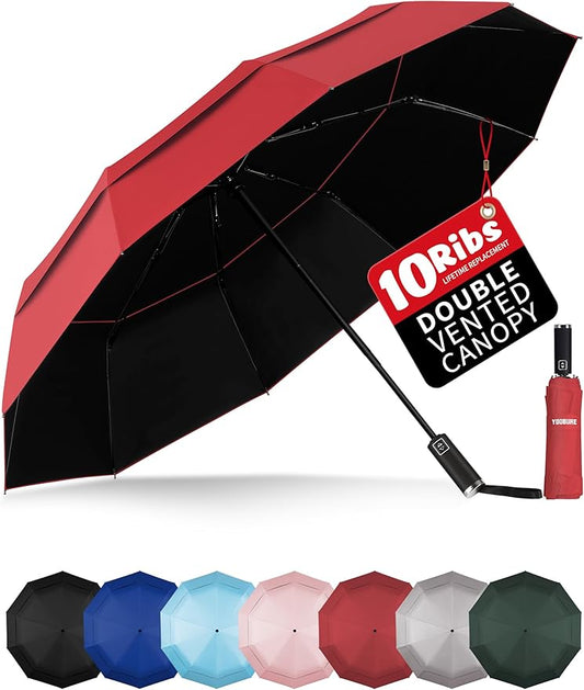 Yoobure Windproof Travel Umbrella with Wood Handle - Automatic Umbrellas for Rain & UV Sun Protection, Compact 46" Large Canopy, Lightweight Backpack Portable for Walking & Outdoor