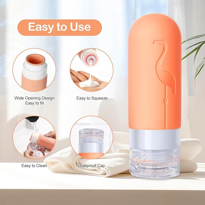 Empty 3 oz Travel Size Bottles Toiletries Containers for Toiletries Liquids，Small Silicone Mini Refillable Leak Proof TSA Approved Travel Bottles for Creams Shampoo and Conditioner Traveling