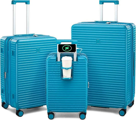 Hard Shell Suitcases Expandable Travel Luggage Sets 3 Piece, Carry on and Check in 3 Piece Luggage Suitcase Sets with Spinner Wheels Cup Holder Charger Built in (Caribbean Blue, 20/24/28)