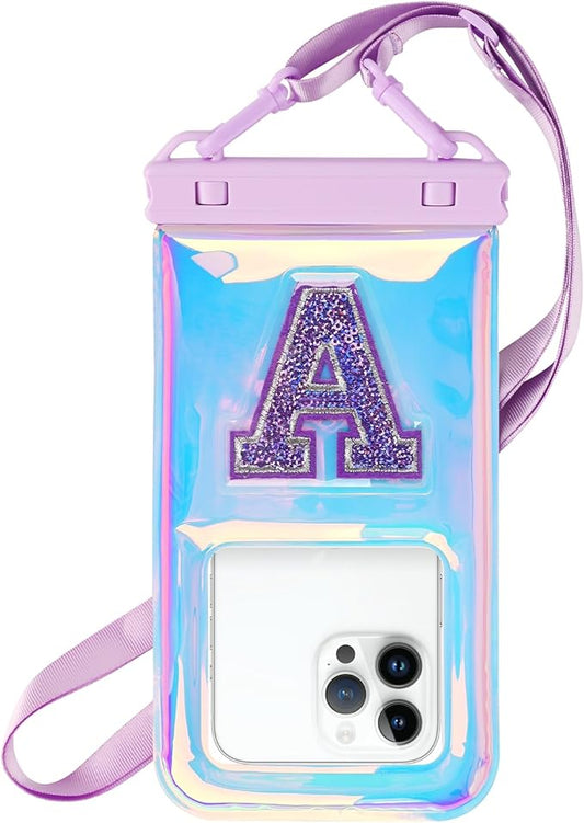 Waterproof Phone Pouch Floating, IPX68 Waterproof Phone Case with Lanyard for iPhone 16 15 14 13 12 Pro Max Samsung S25 S24 S23 S22, Up to 7 Inch, Beach Vacation Essentials, Sparkling Purple Letter
