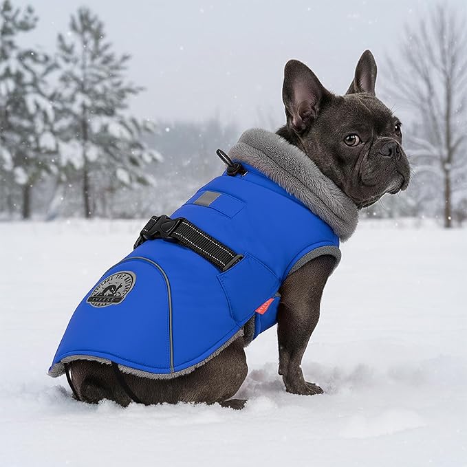 KYEESE Waterproof Dog Coat, Windproof Winter Jacket with Thick Fleece Lining, Extra Warm Turtleneck Dog Coats for Medium Dogs with Leash Hole and Reflective Design, Blue, X-Large