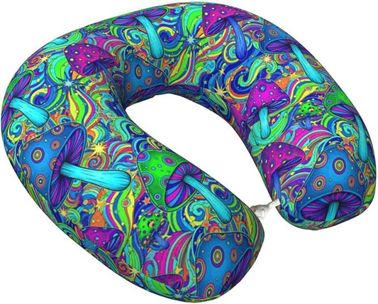 Comfortable Travel Pillow for Pain Relief Sleeping, Memory Foam Airplane Car Neck Pain Pillows Trippy Stoner Magic Mushrooms Art, Funny Chin Head Support Cushion