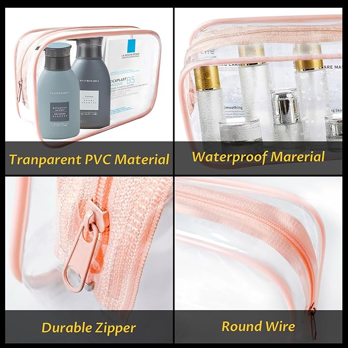 16 Pieces Clear Makeup Bags Bulk, TSA Approved Toiletry Bag for Travel, PVC Waterproof Travel Pouches Clear Pouch with Zipper for Men and Women Carry-on Travel Essentials Cosmetic Bags (Peach Pink-M)