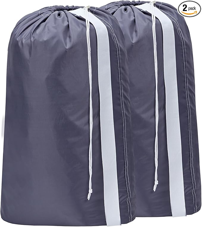 HOMEST 2 Pack XL Nylon Laundry Bag with Strap, Large Dirty Garments Organizer, Easy Fit a Hamper or Clothing Basket, Can Carry Up to 4 Loads of Clothes, Grey