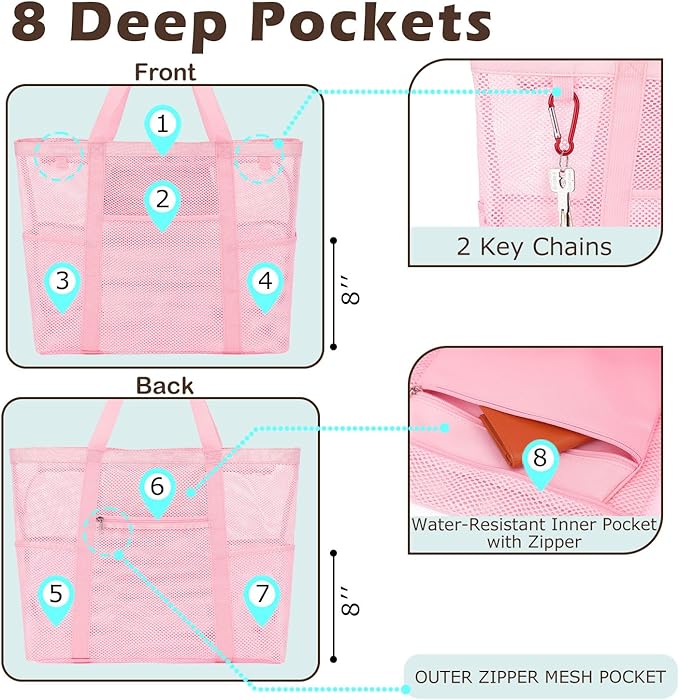 Mesh Beach Bag, Large Beach Tote with Zipper Pocket for Family Pool Bag for Toys & Vacation Essentials