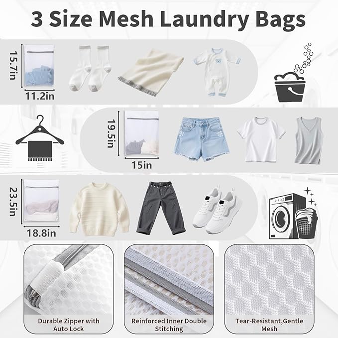 Laundry Bag Backpack with 3 Sizes Mesh Wash Bags and Shoulder Straps Foldable Clothes Hamper Bag with Drawstring Closure for College, Apartment, Laundromat (White)