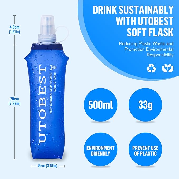 Soft Flask, 2 Pack Soft Flask Running Bottles 500ml,TPU Foldable Running Flask, Portable Collapsible Flask Handheld for Travel Traveling Hiking Cycling City Walk