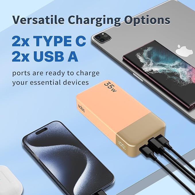 NOBIS Portable Charger, 20000mAh Power Bank, 35W Power Bank Fast Charging, Battery Pack with C to C Cable, Battery Bank with Digital Display for Phone Android etc (Orange)