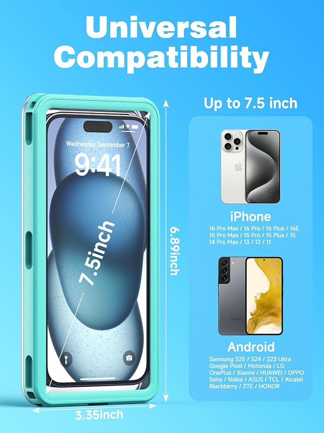 Waterproof Phone Pouch Case 7.5", 2025 Upgraded IPX8 Waterproof Phone Case for Snorkeling, Universal Fit for iPhone 16 Pro Max 15 14 13, Galaxy S25, Beach Vacation Essentials (Cyan)
